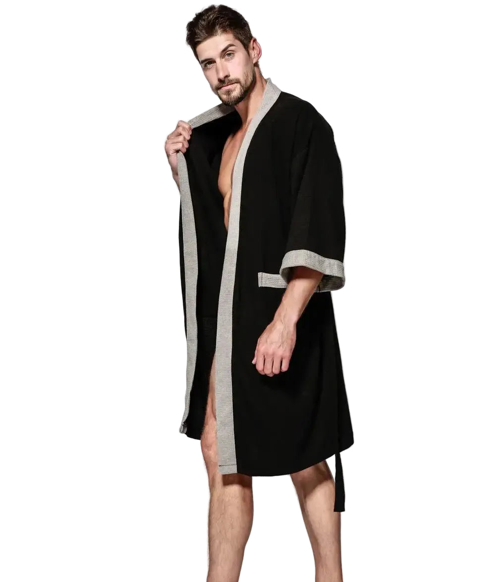 peignoir coton homme col gris et noir