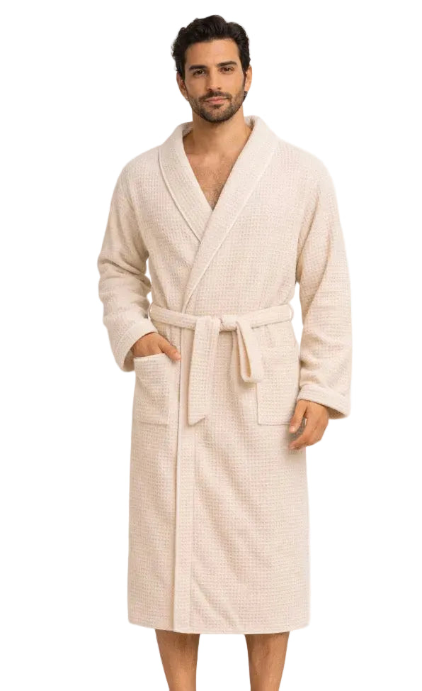 peignoir coton homme blanc cassé gaufré